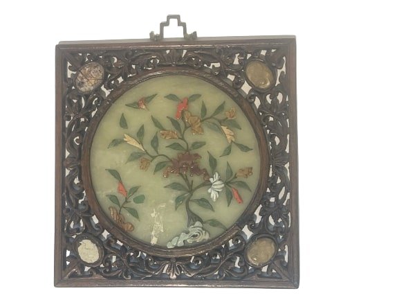 Antique Chinese hard stone & Jade wall hanging plaque: Antique Chinese hard stone & Jade wall hanging plaque in a wood frame. Measures 7 1/2 inches by 7 1/2 inches.