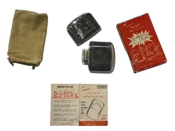 ABERCROMBIE CO Pocket Hand Warmer Heaterette: A Vintage David T. ABERCROMBIE CO. pocket hand warmer Heaterette in Original Box and instruction booklet.