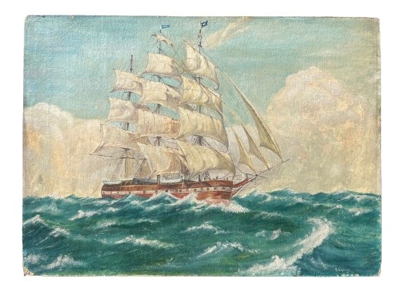 E SCHAEFER signed Oil on board Ship Painting: E SCHAEFER signed Oil on board Ship Painting. Signed & dated lower right E. SCHAEFER 1931. Measuring 12 1/8 inches wide by 16 3/4 inches long. Not Framed. A highly detailed flagged tall ship sailing t