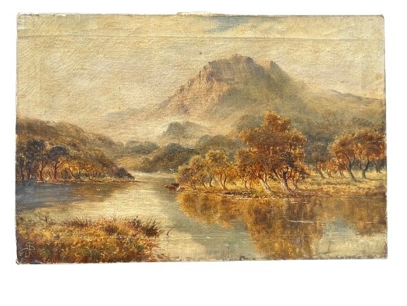 Seymour Joseph Guy oil on Canvas painting: Seymour Joseph Guy oil on Canvas painting. A Hudson river scene with cows and mountains. Initialed SJ lower left. Measurements 12 1/8 inches wide by 18 inches long. Not Framed.