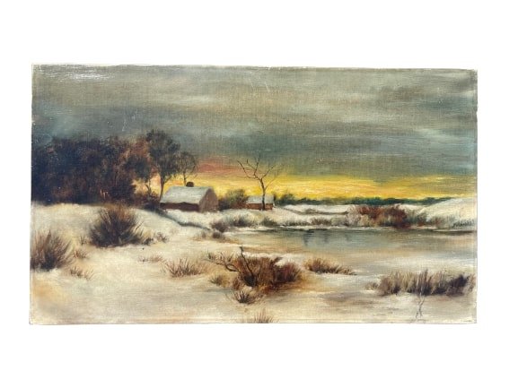 Antique oil on Canvas Winter scene painting: oil on Canvas Hudson River School Winter scene landscape Painting. Measurements 11 inches wide by 19 inches long. Not Framed, Not signed.