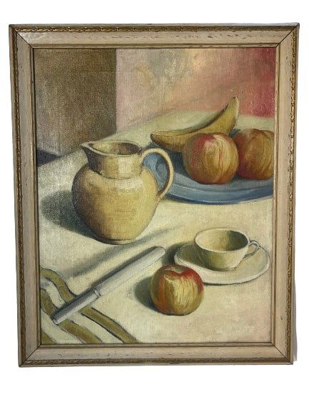 William Edouard Scott Oil On Canvas Still life: William Edouard Scott Oil On Canvas Still life. Sight measures 16 1/8 inches wide by 20 1/8 inches long. Frame measures 18 5/8 inches wide by 22 5/8 inches long. Inscribed Scott on verso.