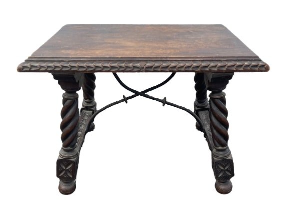 Antique Spanish Colonial Trestle Table With Wrought Iron: Antique Spanish Colonial Trestle Table With Wrought Iron bars. A rare small Spanish table measuring 16 inches wide by 24 inches long and 18 1/2 height.