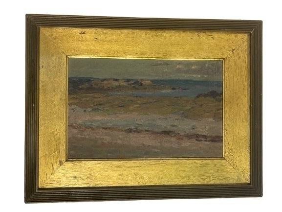 Antique Impressionist oil painting: Antique Oil on board Impressionist painting signed illegibly and dated 97 on the lower left side. A well executed seashore impressionist painting measuring 7 by 11 inches sight and the Frame measures 