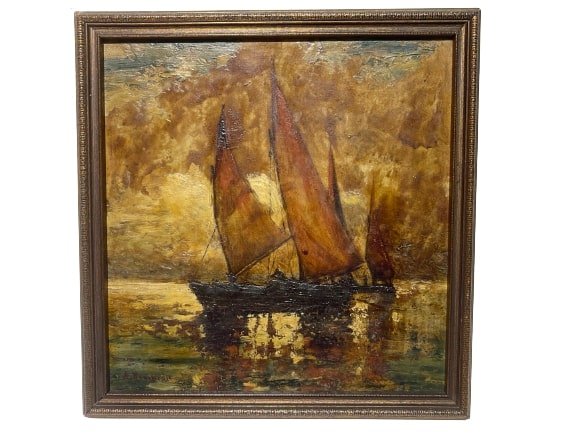S Simpson Antique Oil on Board ship painting: S Simpson Antique Oil on Board ship painting. Sight Measures 10 1/4 inches wide by 10 1/2 inches. The frame measures 11 3/8 inches by 12 3/4 inches. A painting of an old ship sailing the seas.