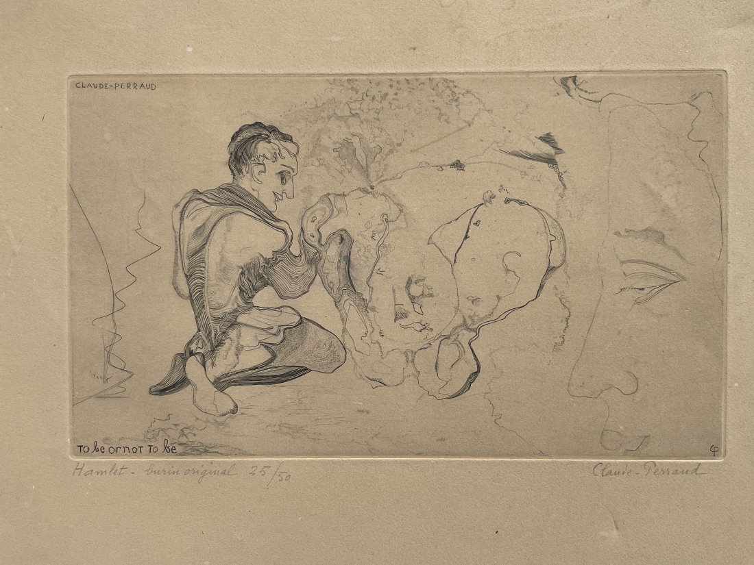 Claude Perraud Etching pencil signed & numbered: Claude Perraud (1897-1957) Etching titled To be or Not to be Pencil signed lower right and numbered 25 of 50. Plate mark measures 11 1/2 inches by 7 inches. The entire sheet size: 22 by 14 5/8. Frame 