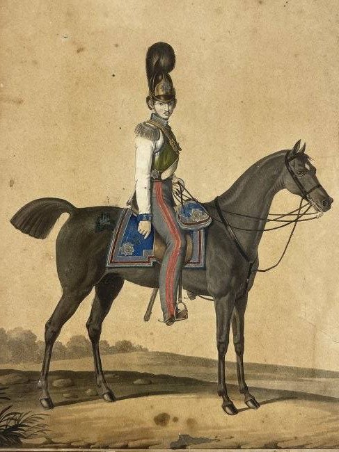 JOHANN FRIEDRICH JUGEL (1772-1833) Watercolor painting: JOHANN FRIEDRICH JUGEL (German,1772-1833) Watercolor painting of a Uniformed Prussian Army Colonel on a Horse. A highly detailed painting with the royal uniform officer holding a bag and a horse saddl