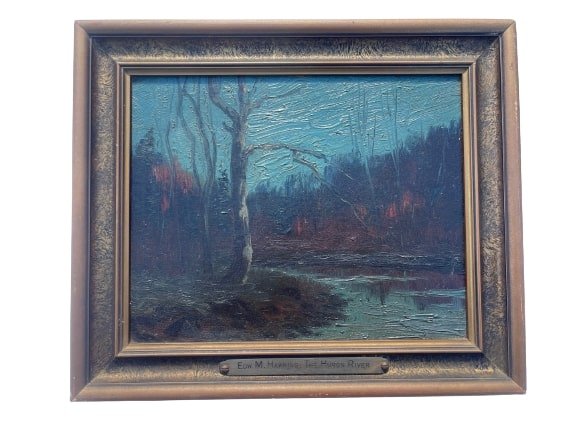Edward Mack Curtis Hawkins (1877-1947) Oil Painting: Edward Mack Curtis Hawkins (1877-1947) oil on board Hudson River Painting at night.Identified by a plaque on frame : Eds.M. Hawkins Titled :The Hudson River.Edward Mack Curtis Hawkins was an active ar