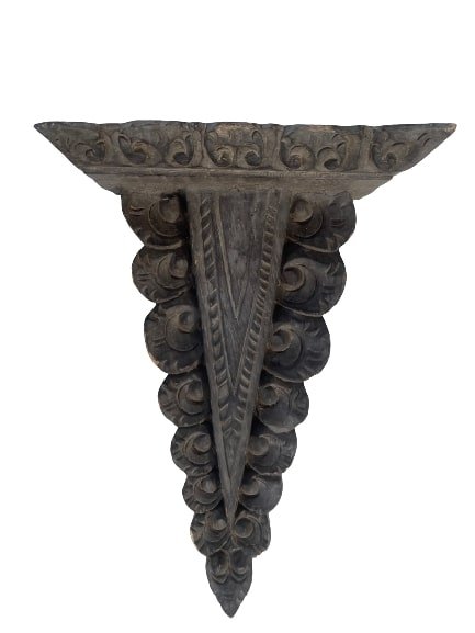 Antique Spanish Architectural Sconce Corbel Wall hanging: Antique Spanish colonial Hand carved Architectural Sconce Corbel Wall hanging shelf. A unique hand carved wall hanging shelf in a triangular shape. Measures 19 inches tall x 6 inches deep x 14 inches 