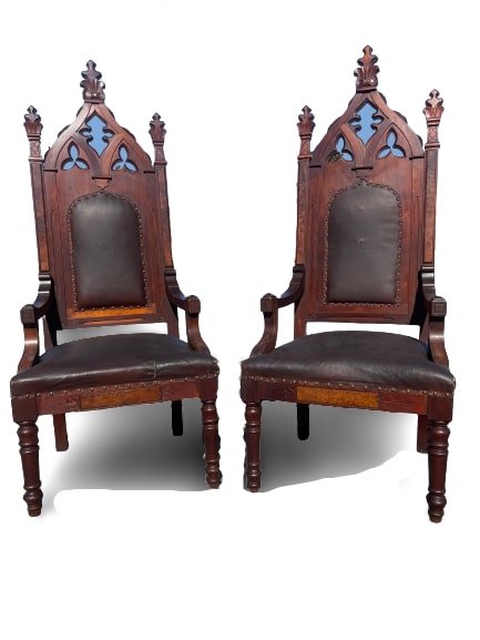 Antique Pair of Gothic Revival Victorian Arm Chairs: Antique Pair of Gothic Revival Victorian Arm Chairs with a tall back. Each Chair Measurements are: 65 inches tall x 26 inches wide x 21 inches deep x The seat height are 19 inches. A well made set of 