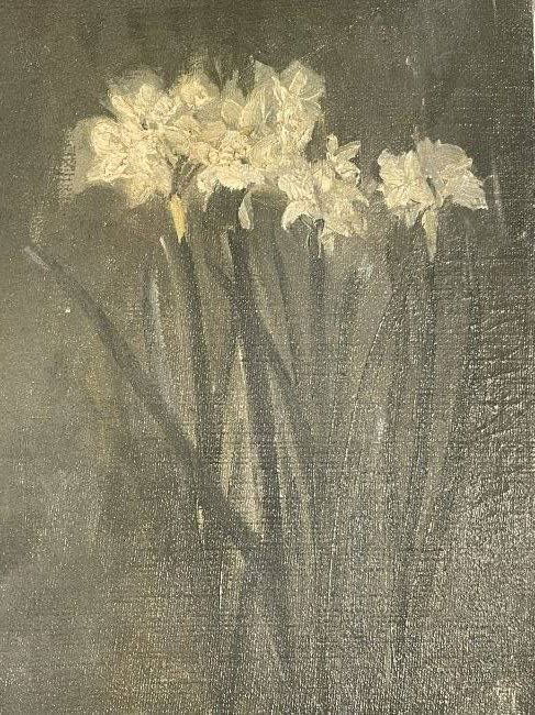 School of JOHN LA FARGE (1835-1910) Oil on Canvas painting: School of JOHN LA FARGE (1835-1910) Oil on Canvas painting of White Lily flowers. Inscribed Ted B Justley on verso. Measuring 10 inches wide by 14 inches long.Not Framed.