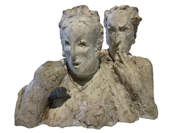 Unique old Sculpture Maquette of a couple in awe: Old Sculpture Maquette of a couple gazing in awe & puzzle. An old clay & Plaster sculpture of a man & woman in a surprise shock look. A unique & heavy art work by a follower of Alberto Giacometti.Stan