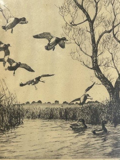 Richard Evett Bishop (American, 1887-1975) Etching print Titled Lucky Pond: Richard Bishop (American, 1887-1975), titled Lucky Pond l.l., signed l.r. and in print l.l.; 9.5 inches long by 8 inches wide. The glass covered frame measures 12 5/8 inches wide by 16 5/8 inches long
