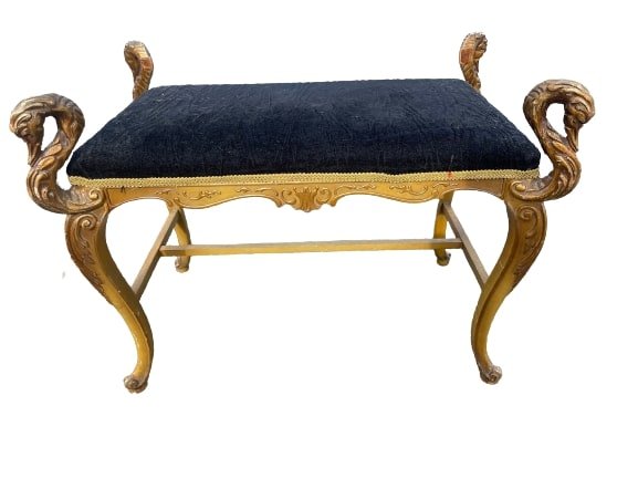 French Swan design vanity bench stool: A French Swan head design Stool with black velvet seat cover.A nice solid bench stool seat measuring 29" x 21" x 18"A very nice decorative object to sit on in front of a vanity table.black Velvet seat