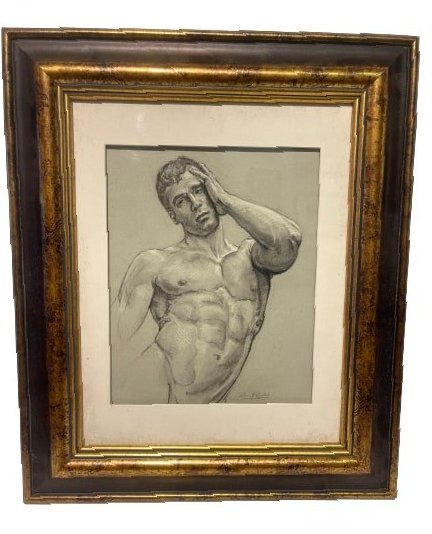 A signed nude male charcoal drawing school of Paul Cadmus: An illegibly signed nude male charcoal & pastels drawing school of Paul Cadmus. Signed in pencil lower right. A fine drawing on paper in charcoal & pastels. The sheet size is 11 inches wide by 13 1/2 
