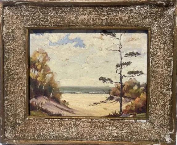 Charles Raymond Untulis (1911-1971) Oil on Canvas Painting: Charles Raymond Untulis (1911-1971) Oil on Canvas Painting. A framed seashore oil painting measuring 13 1/4 by 16 1/4 inches wide. The sight measures 9 inches wide by 12 inches long.