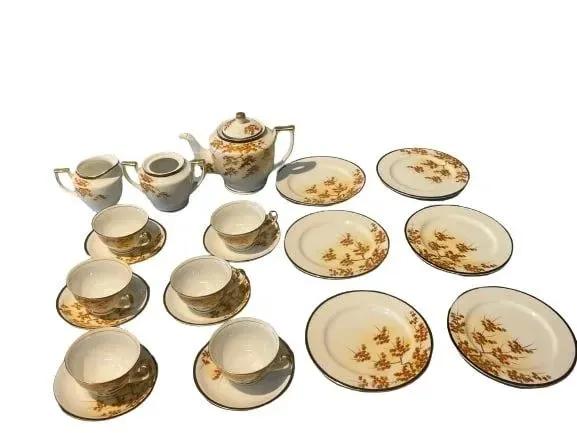 A set of Japanese Anbrocomp Tea set: A set of Japanese Anbrocomp Tea set comprised of a tea pot,sugar bowl(missing lid) a creamer,6 plates, 6 cups, 6 saucers.All stamped in letters : MADE IN JAPAN ANBROCOMP