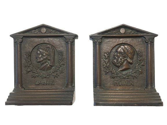 Pair of Bradley & Hubbard Bronzed Iron Book ends of Homer and Daunte: Pair of Bradley & Hubbard Bronzed cast Iron Book ends of Homer and Dante. Each piece measures about 5 inches wide by 5 1/2 inches tall. Both stamped B & H in the back.Additional info on the B & H:Brad