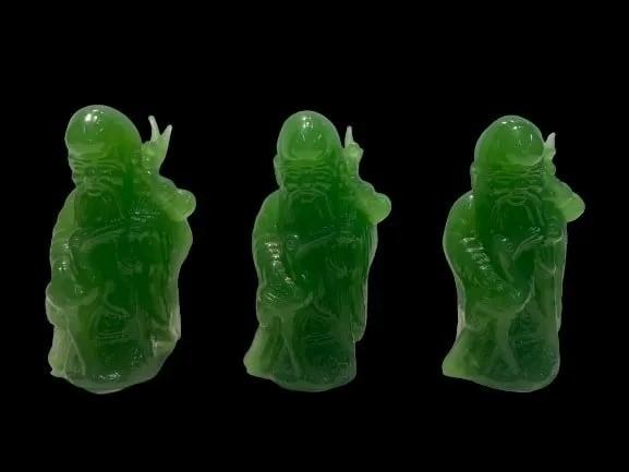 Vintage Chinese Green Jadeite Glass Figurines of three Wise Men: Vintage Chinese Green Jadeite Glass Figurines of three Wise Men. Each measuring 4 inches tall.