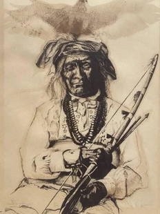 Large Lithograph by Lawrence School of Leonard Baskin: A large lithograph titled Old Warrior and signed Lawrence illegibly in pencil. An American Indian warrior by Lawrence , School of Leonard Baskin. Signed lowered right & Inscribed titled in pencil ,OLD