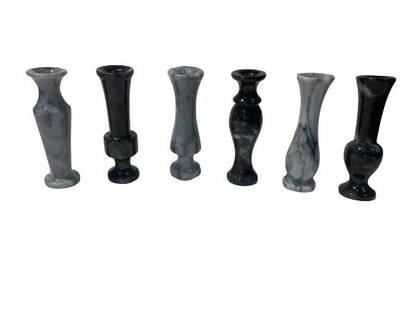 Collection of six Marble decorative vase: Collection of six Marble decorative vase in grey & black. Each marble vase is in a different shape and measures 4 1/2 inches tall. All come in a protective case.