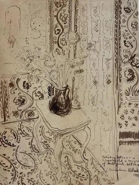 Stanley Mitruk (1922-2006) Ink wash drawing on paper: Stanley Matthew Mitruk (1922-2006) Ink wash drawing on paper.A unique study of textures, flowers & interior in ink on paper.A dedication Inscription, signed & dated 1944 on the lower right. Also inscr