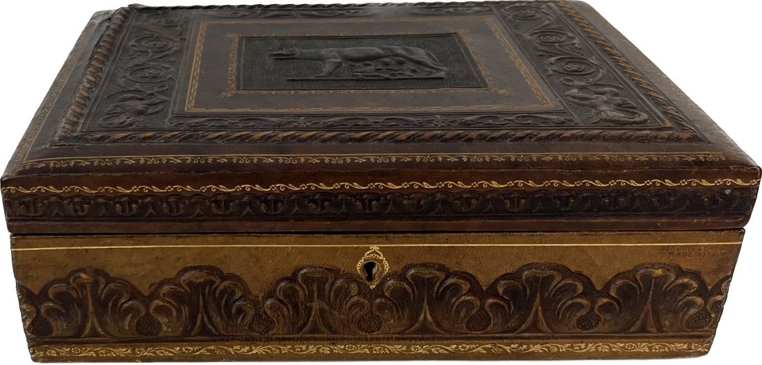 Antique Italian Capitoline Wolf Jewelry Box: Antique Italian Capitoline Wolf Jewelry Box. Brown gold exterior color. Green velvet interior with key to lock in the box. Two compartments. Size 9.5 in L x 7 in W x 3.25 in H.