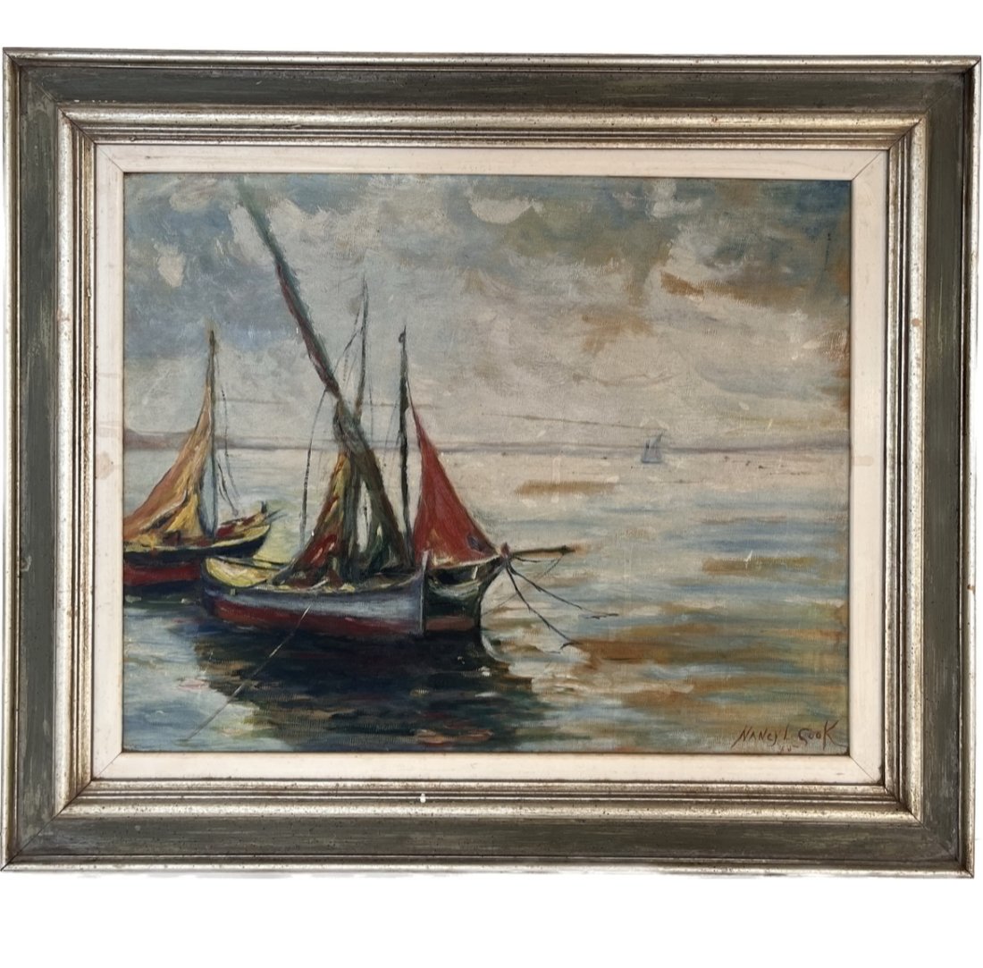 Nancy L Cook Oil on Canvas sailboat painting: Nancy L Cook Oil on Canvas sailboat painting. A silvery grey frame. Signed & dated bottom right: Nancy L Cook 45.Frame Size 25 in L x 21 in W. Sight size: 18.5 in L x 15 in W.