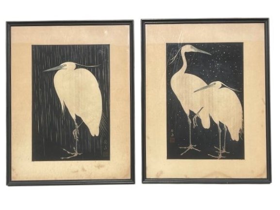 Gakusui Ide Japanese WoodBlock prints of Herons in snow & rain (1 of 14)