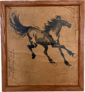 Xu Beihong (1895 -1953) Horse ink drawing on paper: Xu Beihong (1895-1953) Horse ink drawing on paper laid on board. Writing on left side of painting. Wood frame. Writing on back of frame in black ink.Frame Size with frame 24 in L x 22 in W. Sight size