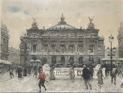 FRANK MYERS BOGGS (1855-1926) pencil signed Etching of  the Paris Grand Opera House: FRANK MYERS BOGGS (American 1855-1926) Colored Etching of the Grand Opera House in Paris. Pencil signed lower right and numbered 169 on the lower left. The plate mark sight measures 12 inches wide by