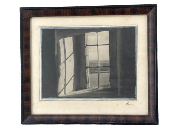 Antique black & white Photograph signed AR: Antique black & white photograph of a window signed with initials lower right AR. measurements are 6 inches wide by 8 inches long. The glass covered frame measures 9 5/8 inches wide by 11 1/46 inches 