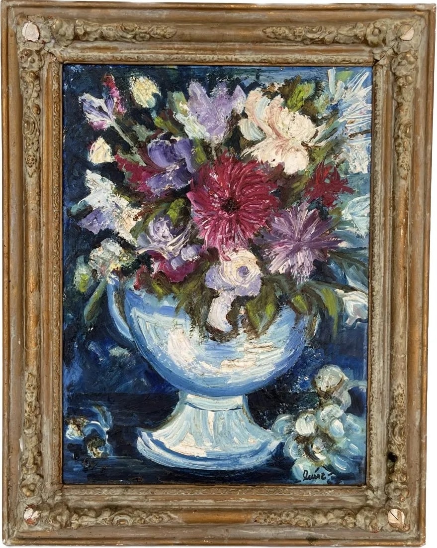 Lune Still Life impressionist Oil Painting of flowers: Lune Flower still life impressionist oil painting on canvas. Signed by Artist bottom right corner Lune. Size with frame 24 in L x 19 in W. Sight 18.5 in L x 13.5 in W.