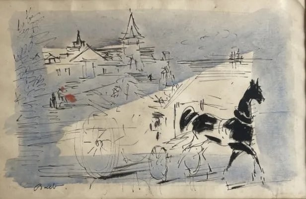 Franz Bueb (1919-1982) ink & watercolor painting of a Horse and Buggy: Franz Bueb (German 1919-1982) Ink & Watercolor Painting of Horse and buggy . A skillfully executed watercolor and black ink painting. Signed lower left. Sight measures 11 1/2 inches wide by 17 1/2 inc