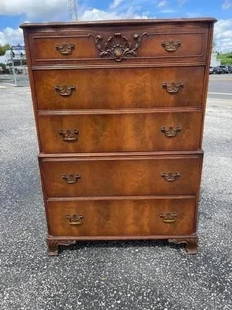 Antique Chest on Chest of drawers by Landstrom: Antique Pierced Chippendale Chest on Chest of drawers by Landstrom Furniture Corporation of Rockford Illinois. Applied flame Mahogany design.Measurements : 20 x 35 x 50 inches tall Top drawer has the