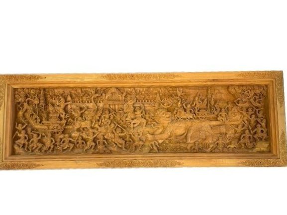 A monumental hand carved RAMAYANA wood carving relief from Bali: A monumental Hand carved RAMAYANA wood carving relief from Bali. A massive highly detailed complex & laborious hand Carving made out of one solid plank of wood.A stunning mythical subject hand carved 