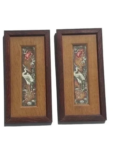 Antique Pair of Asian Crane Silk Embroidery panels (1 of 12)