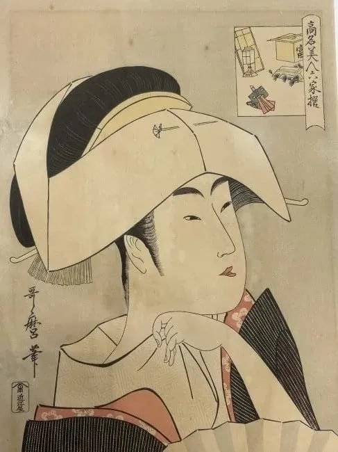 Kitagawa Utamaro Japanese woodblock print: Kitagawa Utamaro Japanese woodblock print. Single sheet with embossed ivory dress measuring 10 3/8 inches wide by 15 3/8 inches long. Kitagawa Utamaro was a Japanese artist. He is one of the most high