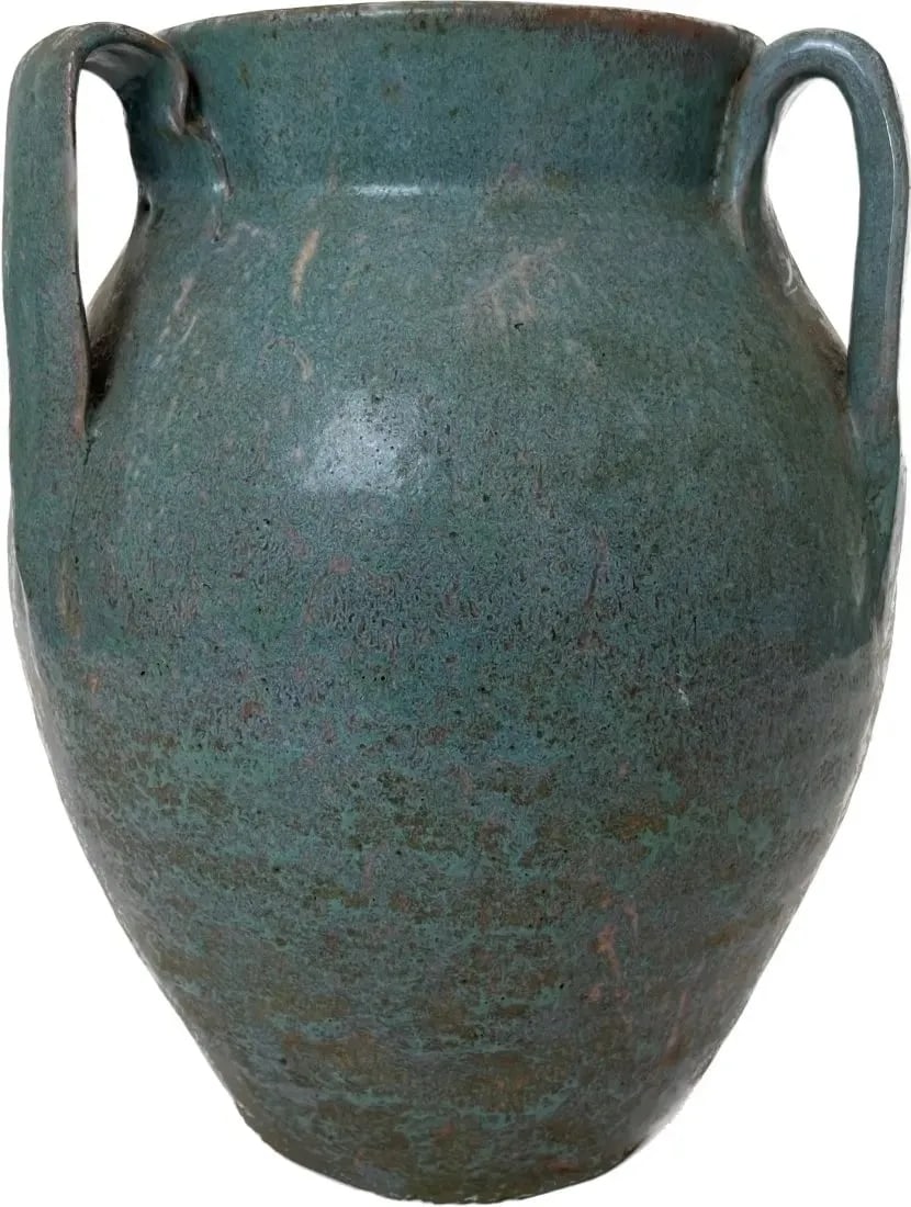 A glazed Teal Clay Pottery vase: A glazed Teal Clay Pottery vase with 3 handles. Teal blue/green. Size 10 in H x 8 in W