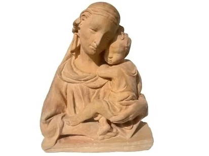 Madonna and Child Terracotta Sculpture after Lorenzo Ghiberti: A Madonna and Child Terracotta Sculpture after Lorenzo Ghiberti of Italy.Important stamped & numbered almost a life size bust measuring 25 inches tall x 19 1/2 inches wide by 8 depth.Lorenzo Ghiberti