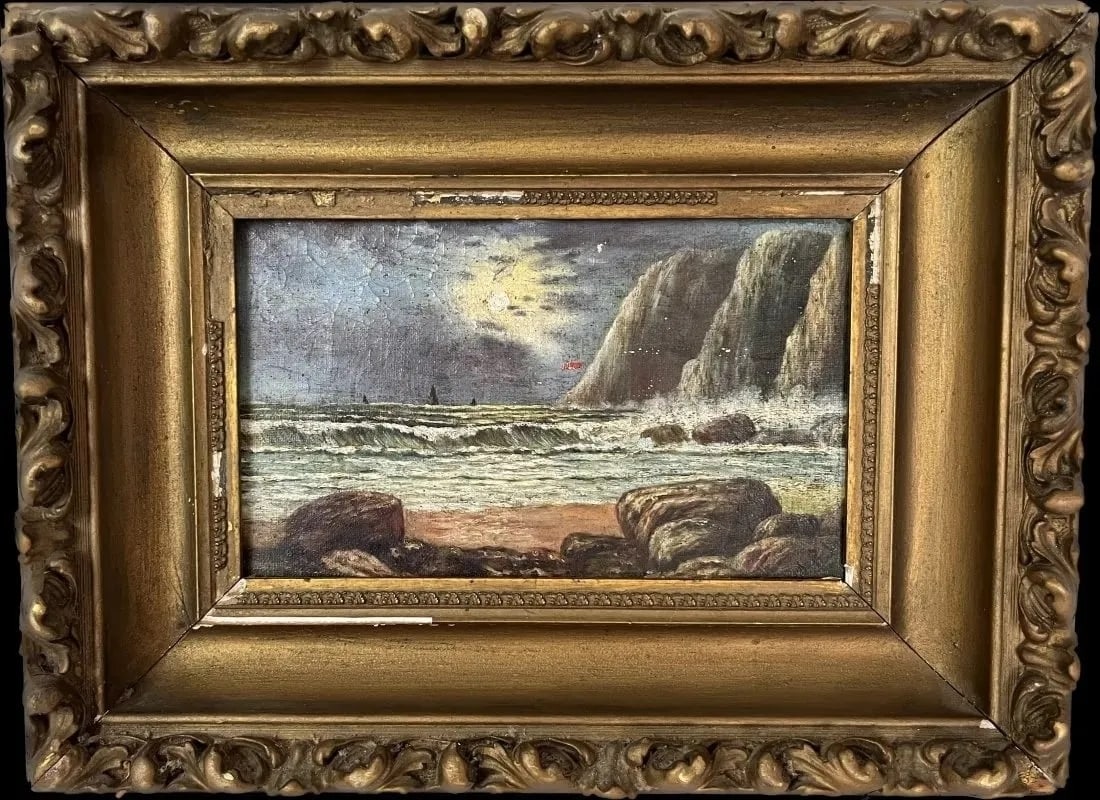 Antique Night Beach Scene Oil Painting (1 of 10)