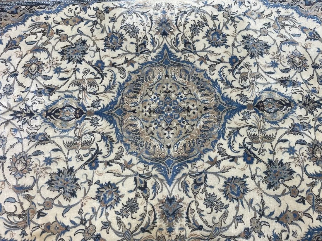 Persian Nain handwoven rug: A Persian Nain handwoven rug made with wool pile & silk highlights on cotton fringes. A finely woven Genuine Persian Nain rug measuring 6 feet wide by 8 feet 8 inches long.