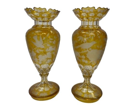 Pair of Bohemian amber cut & etched glass vase (1 of 16)