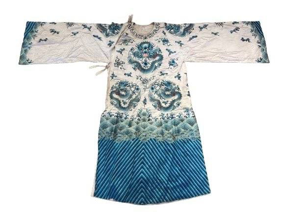 A Chinese embroidered & stitched silk dragon blue & white  robe (1 of 19)