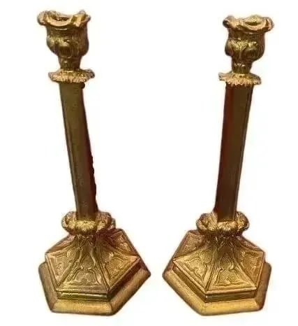 Pair of antique French gilt Bronze candle sticks: Pair of antique French gilt Bronze candle sticks. Each about 12 inches tall.