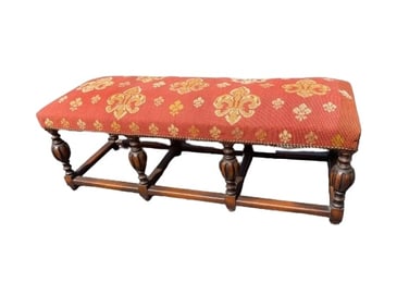 Antique Gothic Victorian Bench with Fleur-de-lis needlepoint cover