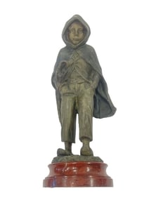 Antoine Bofill (1875-1925) Bronze signed statue of A young boy in rain coat