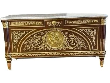 A Louis XVI style gilt bronze mounted mahogany marble-top commode A Vantaux