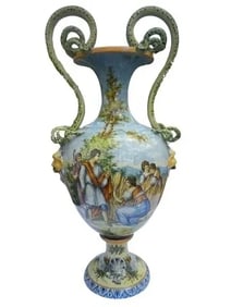 A Monumental Italian Majolica with ornate serpentine handles