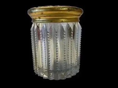Antique European round cut glass Jar with a gilded brass lid